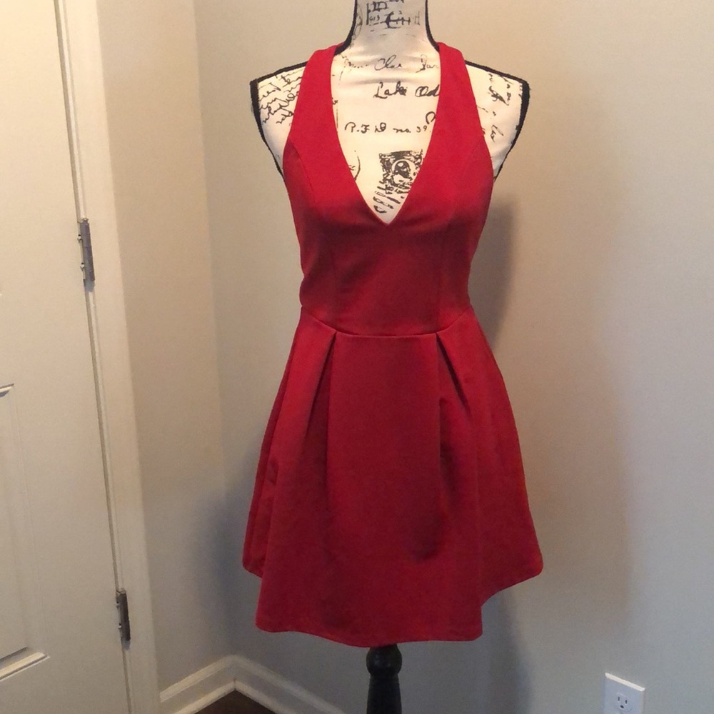 F21 Pointe Knit Red Fit Flare Halter Dress Size Small S